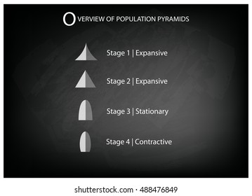 Population and Demography, Illustration Set of 5 Types of Population Pyramids Chart or Age Structure Graph on Chalkboard Background.
