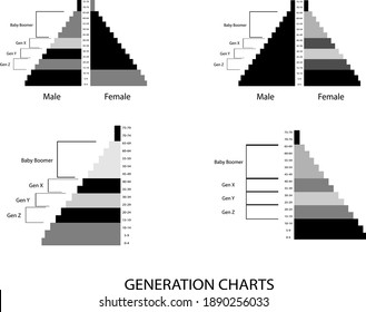 Population And Demography, Population Pyramids Chart Or Age Structure Graph With Baby Boomers Generation, Gen X, Gen Y And Gen Z.

