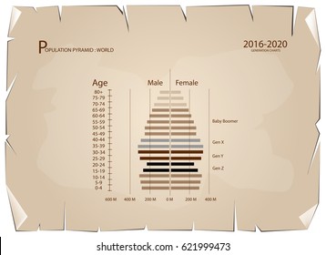 Population and Demography, Population Pyramids Chart or Age Structure Graph with Baby Boomers Generation, Gen X, Gen Y and Gen Z in 2016 to 2020 on Old Antique Vintage Grunge Paper Texture Background.