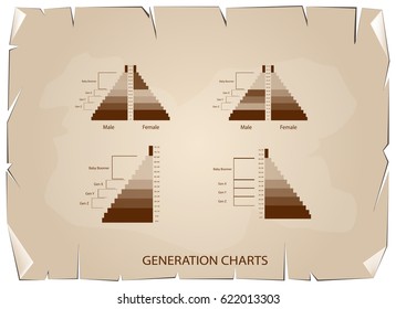 Population and Demography, Population Pyramids Chart or Age Structure Graph with Baby Boomers Generation, Gen X, Gen Y and Gen Z on Old Antique Vintage Grunge Paper Texture Background.