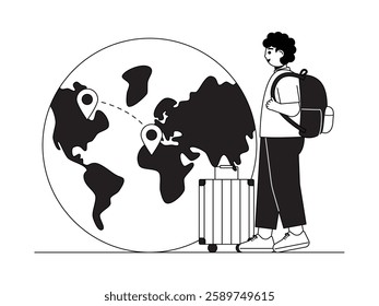 Population density due to uncontrolled migration, black and white outline style, social issues vector illustration.