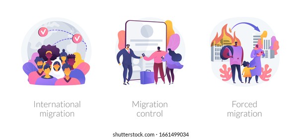 Population Displacement, Refugees Metaphors. Forced And International Migration, Asylum Seekers, Emigrants Control. National Borders Crossing Abstract Concept Vector Illustration Set.