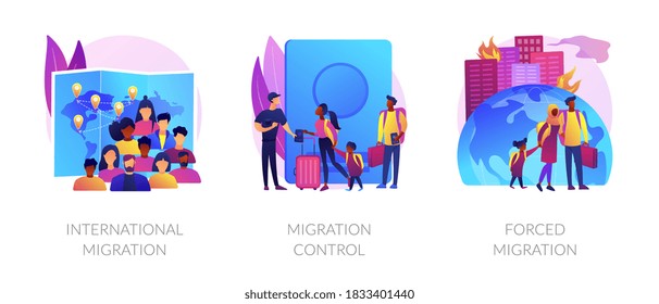 Population Displacement, Refugees Metaphors. Forced And International Migration, Asylum Seekers, Emigrants Control. National Borders Crossing Abstract Concept Vector Illustration Set.