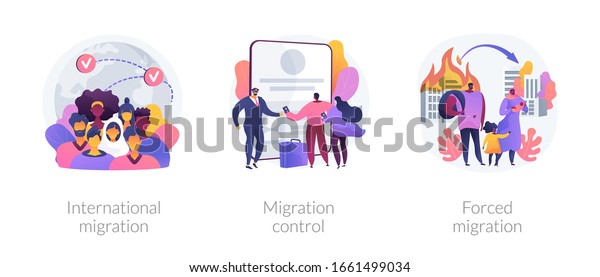 Population displacement, refugees metaphors. Forced\
and international migration, asylum seekers, emigrants control.\
National borders crossing abstract concept vector illustration\
set.