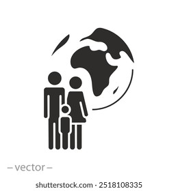 population earth and environment icon, family in the world, international planet safe, globe, child with parents, flat vector illustration