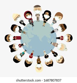 Population of the earth in medical face masks standing on the globe. Coronavirus shape. Vector illustration.
