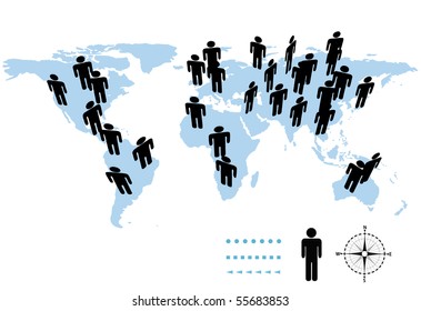 The population of Earth on the continents and islands of a world map.