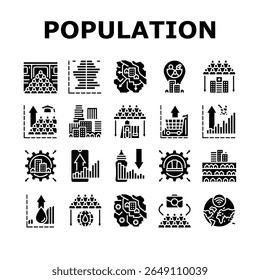 crescimento demográfico ícones definir vetor. urbanização demográfica, superpopulação recursos, migração, fertilidade, mortalidade crescimento populacional glifo pictograma Ilustrações