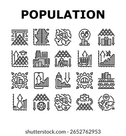 crescimento demográfico ícones definir vetor. urbanização demográfica, superpopulação recursos, migração, fertilidade, mortalidade crescimento da população contorno preto ilustrações