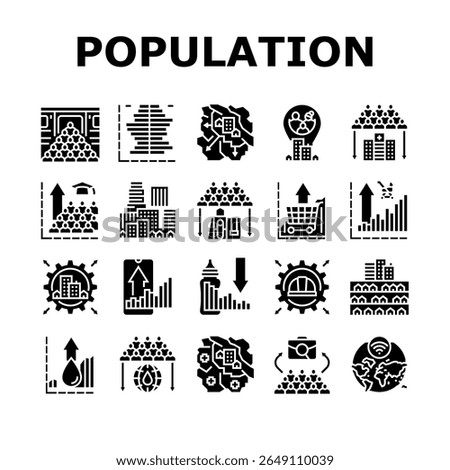 population growth icons set vector. demographics urbanization, overpopulation resources, migration, fertility, mortality population growth glyph pictogram Illustrations