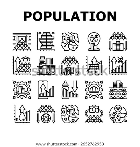 population growth icons set vector. demographics urbanization, overpopulation resources, migration, fertility, mortality population growth black contour illustrations