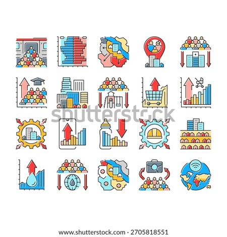population growth icons set vector. demographics urbanization, overpopulation resources, migration, fertility, mortality population growth color line illustrations