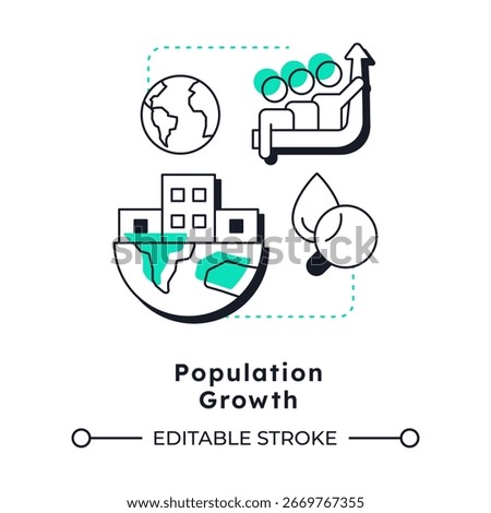 Population growth modern linear concept icon. Increasing demand for freshwater. Cause of water scarcity. Flat outline elements connected with dotted lines. Creative visual. Easy to edit