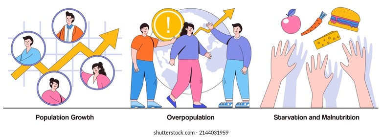 Population growth, overpopulation, starvation and malnutrition concepts with people characters. Demographics abstract vector illustration pack.