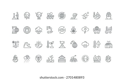Crescimento da população e protestos, problemas ambientais delimitam preto e vermelho símbolos ilustração vetorial Mudança climática, clima extremo e poluição por carbono, crise de ecossistemas conjunto de ícones da linha.