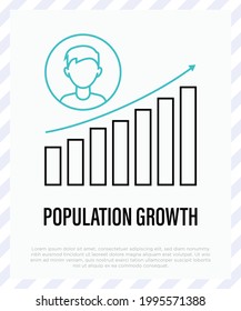 Population growth thin line icon. Graph of growth with arrow and human. Social problem, demography. Vector illustration.