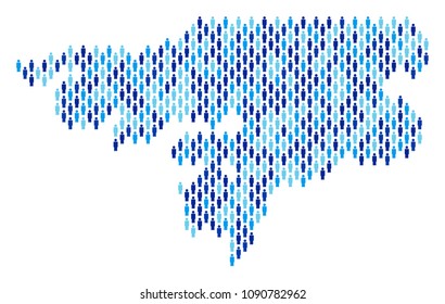 Population Guinea-Bissau map. Demography vector mosaic of Guinea-Bissau map organized of crowd elements. Abstract social plan of national community cartography. Demographic map in blue color shades.