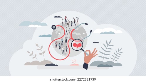 Population health management and global community care tiny person concept. Healthy society program with regular screening and monitoring vector illustration. Disease prevention with early diagnostic