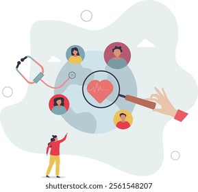 Population health management and global community.Healthy society program with regular screening and monitoring.flat characters.