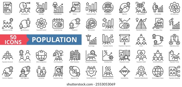 Conjunto de colecciones de iconos de población. Contener demografía, nacimiento, mortalidad, censo, crecimiento, urbanización, migración, superpoblación, fertilidad, esperanza de vida, densidad, distribución por edad, familia, control