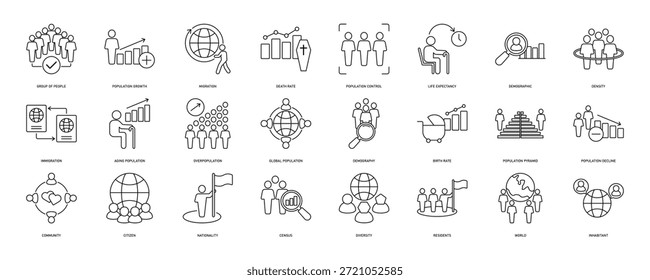 Conjunto de iconos de población. Contiene demografía, ciudadanía, grupo de personas, tasa de natalidad, residentes, censo, diversidad, comunidad y más. Colección de iconos de vectores sólidos. EPS 10