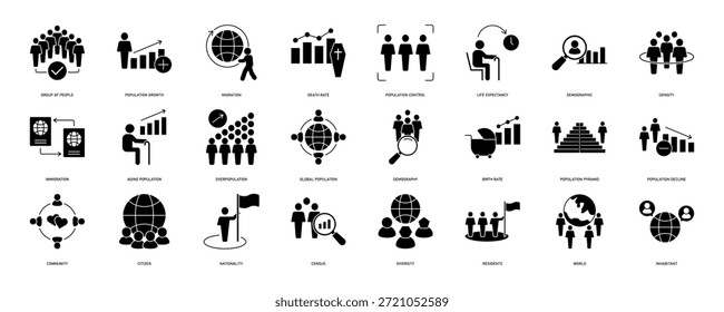 Conjunto de iconos de población. Contiene demografía, ciudadanía, grupo de personas, tasa de natalidad, residentes, censo, diversidad, comunidad y más. Colección de iconos de vectores sólidos. EPS 10