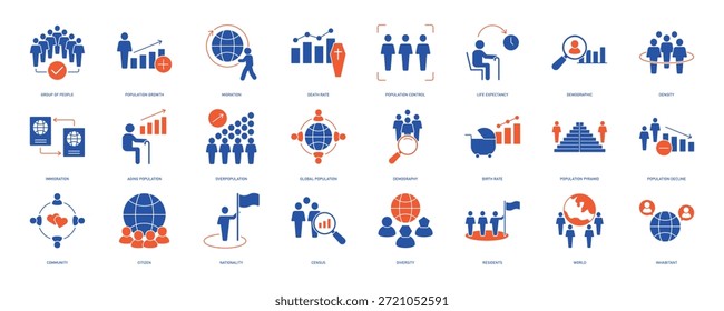Conjunto de iconos de población. Contiene demografía, ciudadanía, grupo de personas, tasa de natalidad, residentes, censo, diversidad, comunidad y más. Colección de iconos de vectores sólidos. EPS 10