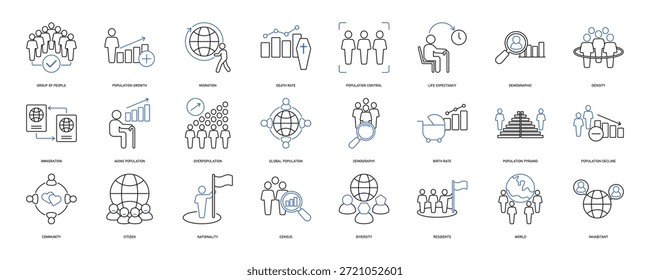 Conjunto de iconos de población. Contiene demografía, ciudadanía, grupo de personas, tasa de natalidad, residentes, censo, diversidad, comunidad y más. Colección de iconos de vectores sólidos. EPS 10