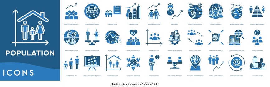 Population icon set. Population Growth, Demographic Trends, Census Data, Urbanization, Aging Population, Birth Rate, Density, Ethnic Diversity, Migration Patterns, Population Pyramid