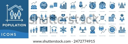 Population icon set. Population Growth, Demographic Trends, Census Data, Urbanization, Aging Population, Birth Rate, Density, Ethnic Diversity, Migration Patterns, Population Pyramid