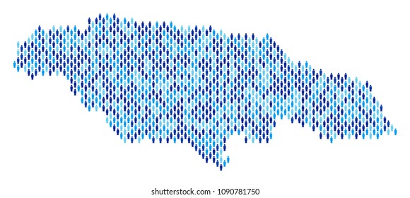 Population Jamaica map. Demography vector collage of Jamaica map done of crowd elements. Abstract social representation of national public cartography. Demographic map in blue color variations.