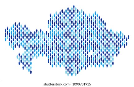 Population Kazakhstan map. Demography vector pattern of Kazakhstan map done of human items. Abstract social plan of nation mass cartography. Demographic map in blue color hues.