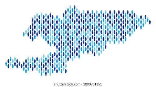 Population Kyrgyzstan map. Demography vector collage of Kyrgyzstan map combined of person elements. Abstract social representation of national mass cartography. Demographic map in blue color shades.