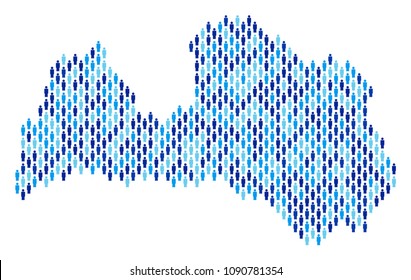 Population Latvia map. Demography vector collage of Latvia map combined of people items. Abstract social scheme of national mass cartography. Demographic map in blue color tones.