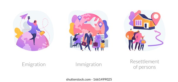Population mobility, human migration metaphors. Emigration, immigration, people resettlement. Country borders legal and illegal crossing abstract concept vector illustration set.