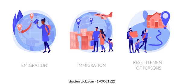 Population mobility, human migration metaphors. Emigration, immigration, people resettlement. Country borders legal and illegal crossing abstract concept vector illustration set.