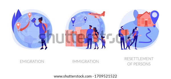 Population\
mobility, human migration metaphors. Emigration, immigration,\
people resettlement. Country borders legal and illegal crossing\
abstract concept vector illustration\
set.