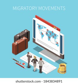 Bevölkerungsmobilität Migration Verdrängung isometrische Zusammensetzung mit Text und Bildern von Desktop-Computer-Menschen und Koffer Vektorgrafik