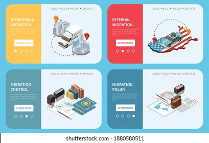 Population mobility migration displacement isometric composition with page selector learn more buttons text and document images vector illustration