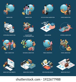 Population mobility migration displacement isometric set with compositions of icons with text captions documents and people vector illustration