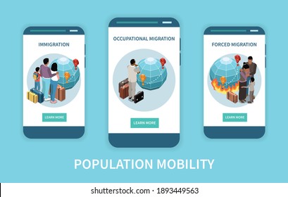 Population mobility migration displacement set of three vertical banners with isometric images and learn more buttons vector illustration