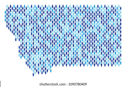 Population Montana State map. Demography vector collage of Montana State map constructed of men elements. Abstract social scheme of national group cartography. Demographic map in blue color tones.