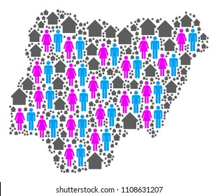 Population Nigeria map. Household vector abstraction of Nigeria map formed of randomized male and female and building elements in variable sizes.