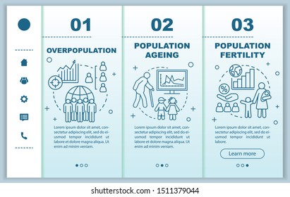 Population onboarding mobile web pages vector template. Population fertility. Responsive smartphone website interface idea with linear illustrations. Webpage walkthrough step screens. Color concept
