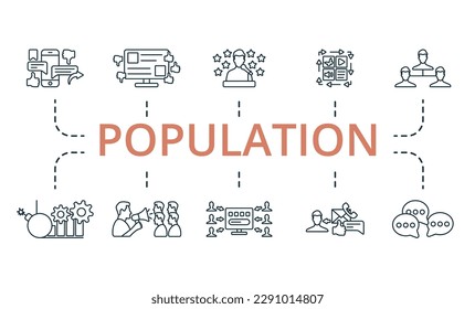 Population outline set. Creative icons: social media, blogging, reputation, content dymanizer, community connection, crisis management, public relations, sem, inbound, communication.