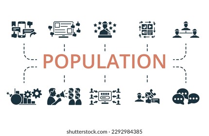 Population outline set. Creative icons: social media, blogging, reputation, content dymanizer, community connection, crisis management, public relations, sem, inbound, communication.