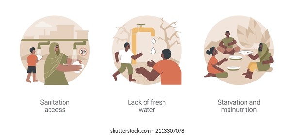 Population problems abstract concept vector illustration set. Sanitation access, lack of fresh drinking water, starvation and malnutrition, bad nutrition, disease prevention abstract metaphor.