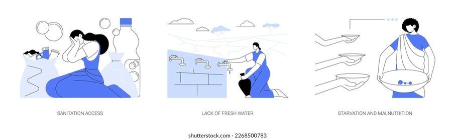 Population problems abstract concept vector illustration set. Sanitation access, lack of fresh drinking water, starvation and malnutrition, bad nutrition, disease prevention abstract metaphor.