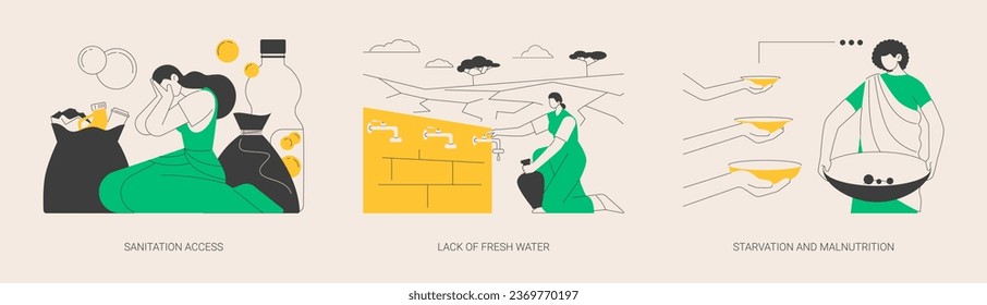 Population problems abstract concept vector illustration set. Sanitation access, lack of fresh drinking water, starvation and malnutrition, bad nutrition, disease prevention abstract metaphor.