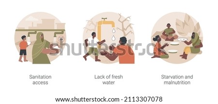 Population problems abstract concept vector illustration set. Sanitation access, lack of fresh drinking water, starvation and malnutrition, bad nutrition, disease prevention abstract metaphor.